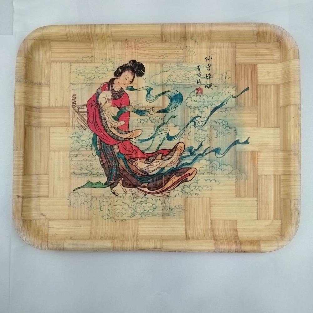 Vintage Chinese Bamboo Serving Tray Geisha Rabbit Weave Pattern Platter Oriental